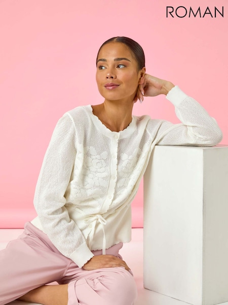 Roman White Petite Floral Button Up 100% Cotton Cardigan (F63198) | £40