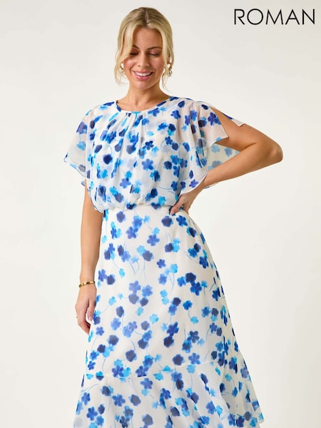 Roman Blue Petite Floral Print Blouson Dress (F63203) | £65