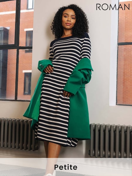 Roman Blue Petite Stripe Knitted Midi Dress (F63216) | £55