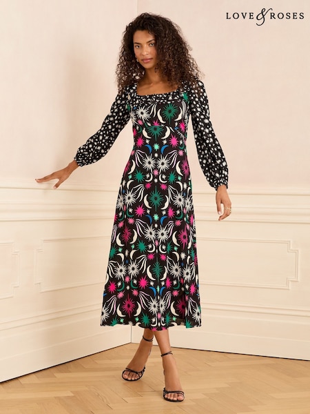 Love & Roses Black Star Printed Ruffle Midi Dress (F63250) | £65