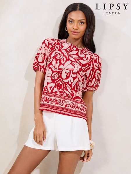 Lipsy Rust Red Printed Puff Sleeve Blouse (F63277) | £32