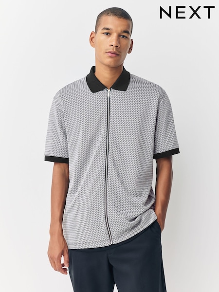 Grey Geo Patterned Zip Through Polo Shirt (F63292) | £34