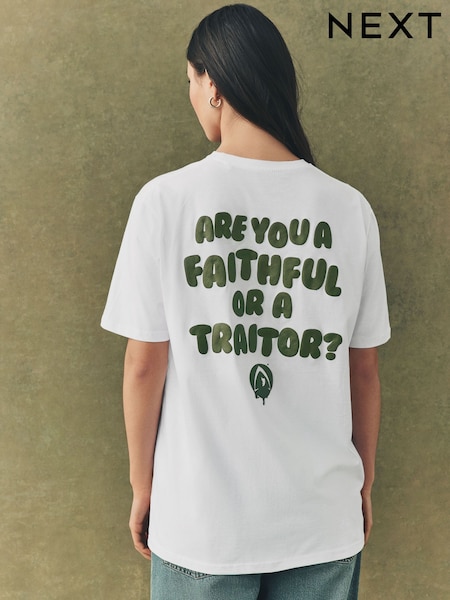 White/Khaki Green Official The Traitors License "Are you a Faithful or a Traitor?" Relaxed Fit Graphic T-Shirt (F63315) | £26