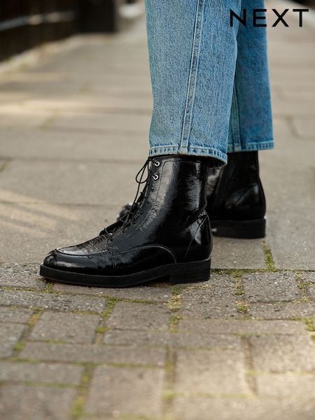 Black Crinkled Patent Leather Forever Comfort® Lace Up Ankle Boots (F63587) | £70