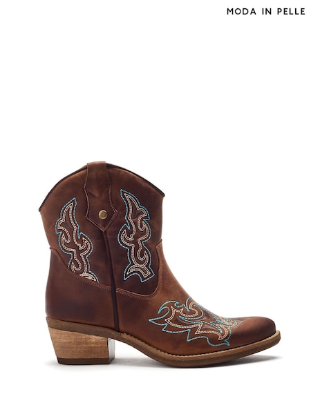 Moda in Pelle Olearia Feature Stitch Detailed Ankle Length Leather Western Brown Boots (F63601) | £159