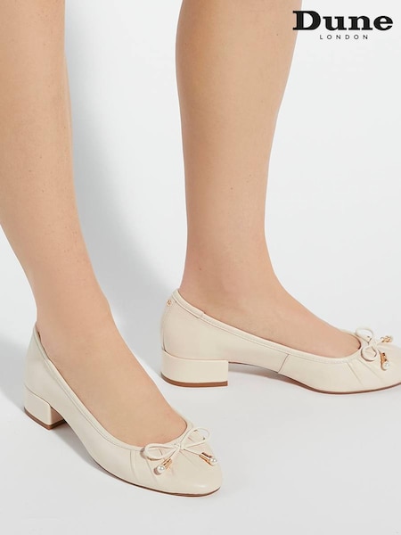 Dune London Cream Amazing Pleated Pearl Bow Flat Shoes (F63717) | £89