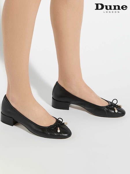 Dune London Black Amazing Pleated Pearl Bow Flat Shoes (F63743) | £89