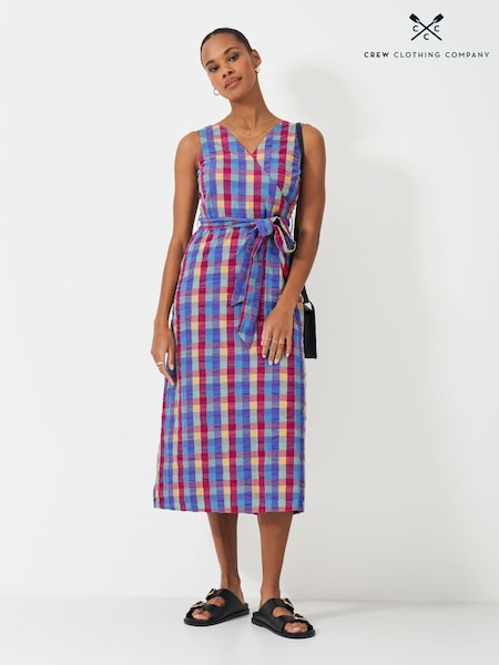 Crew Clothing Blue Jenny Wrap-Front 100% Cotton Dress (F64099) | £89