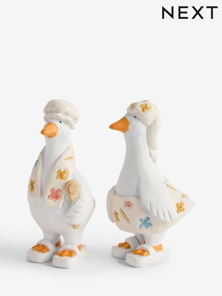 Set of 2 White Floral Print Spa Goose Ornaments (F64143) | £12