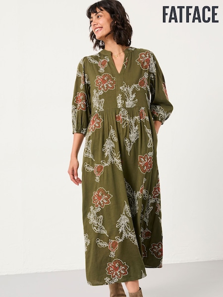 FatFace Vivienne Olive Green Petite Embroidered Midi Dress (F64154) | £79