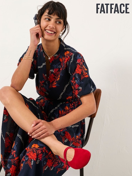 FatFace Becky Navy Folk Floral Petite Midi Dress (F64161) | £75