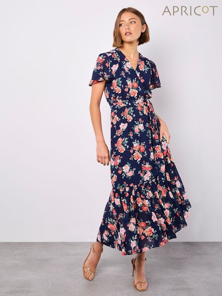 Apricot Blue Painterly Roses Wrap Dress (F64301) | £50