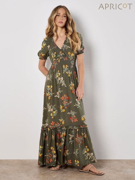 Apricot Green Watercolour Floral Tiered Maxi Dress (F64306) | £50