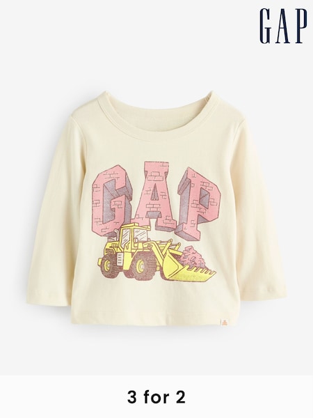 Gap Beige Logo Long Sleeve Graphic T-Shirt (6mths-5yrs) (F64376) | £10