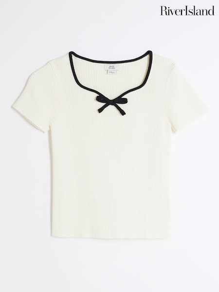 River Island Cream Girls Sweetheart Bow Knit Top (F64550) | £16