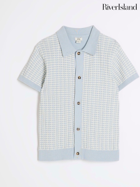 River Island Blue Boys Textured Revere Knit 100% Cotton Polo Shirt (F64556) | £16