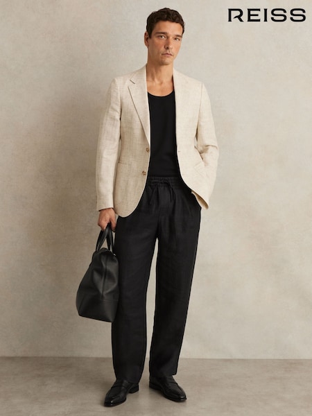 Reiss Black Barges Linen Drawstring Relaxed-Fit Trousers (F64588) | £148