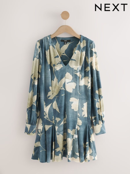 Powder Blue & Ecru Floral Long Sleeve A-Line Mini Dress (F64639) | £35