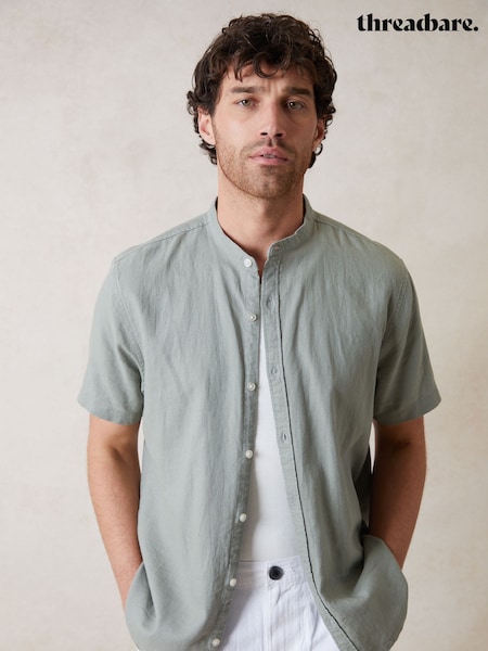 Threadbare Green Grandad Collar Linen Blend Short Sleeve Shirt (F64749) | £24