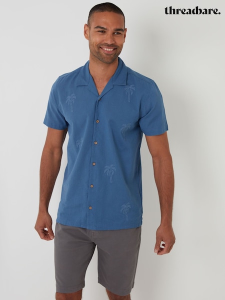 Threadbare Blue Linen Blend Palm Embroidered Short Sleeve Shirt (F64757) | £24