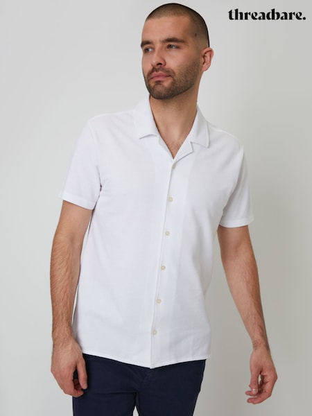 Threadbare White Jersey Pique Revere Collar Short Sleeve 100% Cotton Shirt (F64771) | £20
