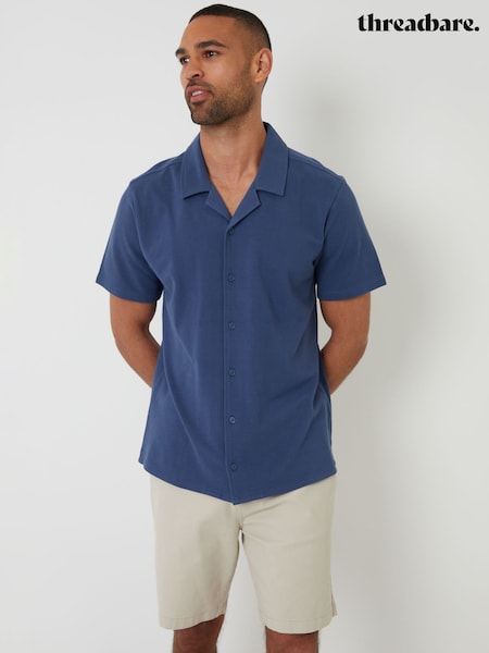 Threadbare Denim Blue Jersey Pique Revere Collar Short Sleeve 100% Cotton Shirt (F64776) | £20