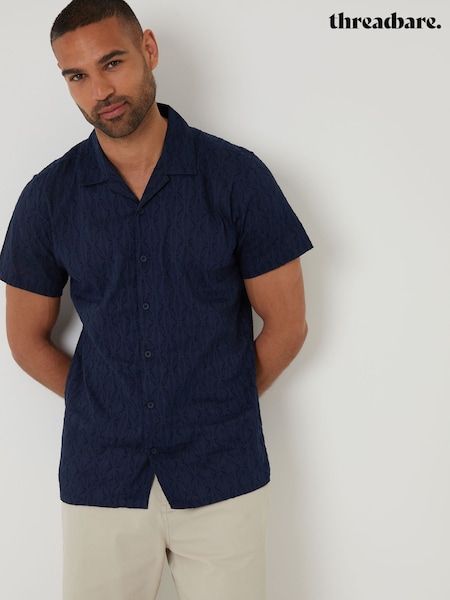 Threadbare Blue 100% Cotton Pluck Textured Revere Collar Short Sleeve Shirt (F64785) | £24
