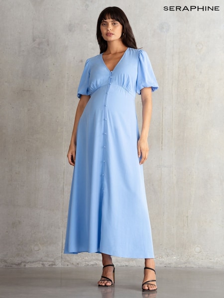 Seraphine Blue Button Through V-Neck Nursing Dress (F65012) | £75