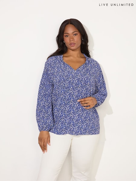 Live Unlimited Blue Curve Ditsy Shirred Raglan Sleeve Blouse (F65104) | £69
