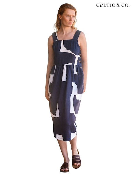 Celtic & Co. Blue Detail Sq Neck Midi 100% Linen Dress (F65466) | £145