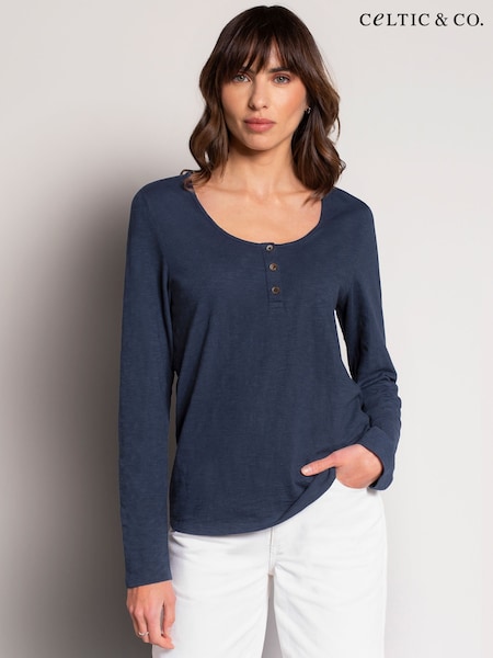 Celtic & Co. Green Slub Jersey Scoop Neck Henley 100% Cotton Top (F65476) | £55