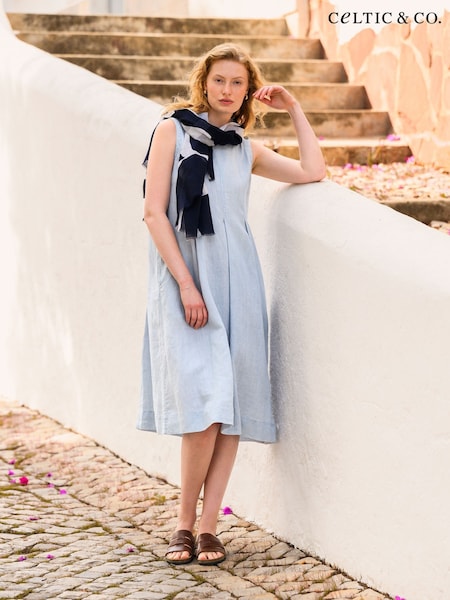 Celtic & Co. Blue Sleeveless Midi Swing 100% Linen Dress (F65532) | £145