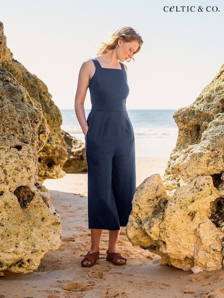 Celtic & Co. Blue Square Neck Sleeveless 100% Linen Jumpsuit (F65565) | £140