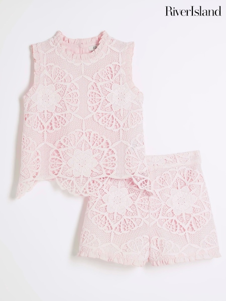 River Island Pink Girls Lace Top and Shorts Set (F65737) | £35