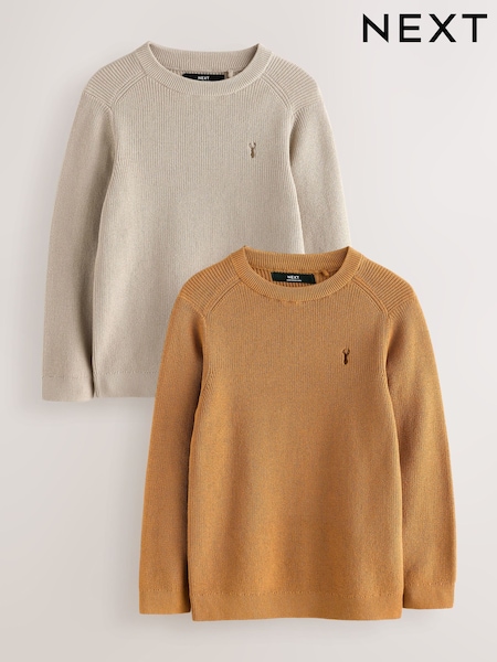 Neutral/Tan Brown Knitted Crew Neck Jumpers 2 Pack (3-16yrs) (F65784) | £26 - £36
