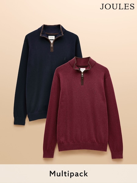 Joules Hillside Burgundy & Green Quarter Zip Knitted Jumpers 2 Pack (F65834) | £85