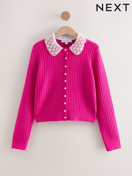 Bright Pink Ribbed Pearl Collar Cardigan With Wool (F66059) | £44