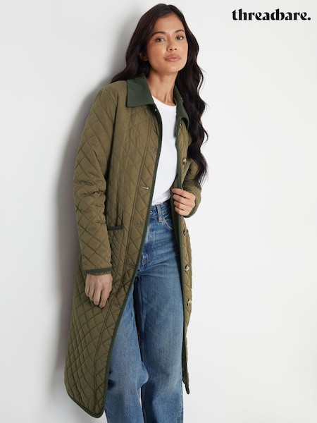 Threadbare Green Button Up Collared Diamond Quilted Maxi Coat (F66085) | £50