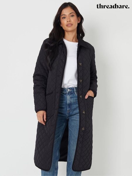 Threadbare Black Button Up Collared Diamond Quilted Maxi Coat (F66086) | £50