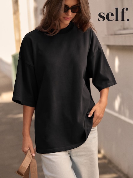 self. Black 100% Cotton Crew Neck Heavyweight T-Shirt (F66114) | £22