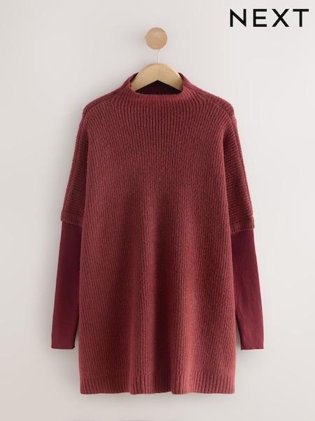 Berry Red Ribbed Mock Layer Poncho (F66157) | £46