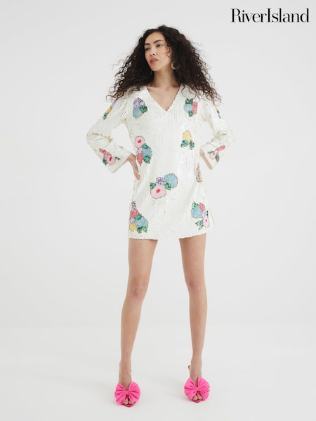 River Island White Mini Floral Print Sequin Dress (F66276) | £158