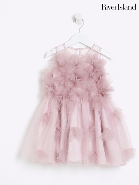 River Island Pink Girls 3D Floral Print Tulle Dress (F66508) | £40