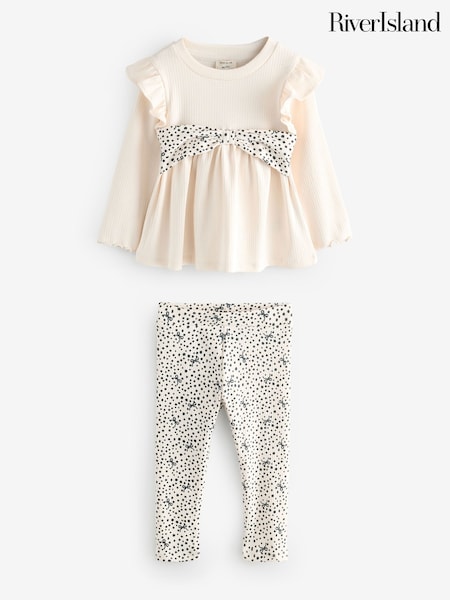 River Island Cream/Black Girls Bow Rib Peplum Top Set (F66519) | £15