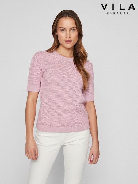 VILA Pink Knitted Short Puff Sleeve Top (F66547) | £28