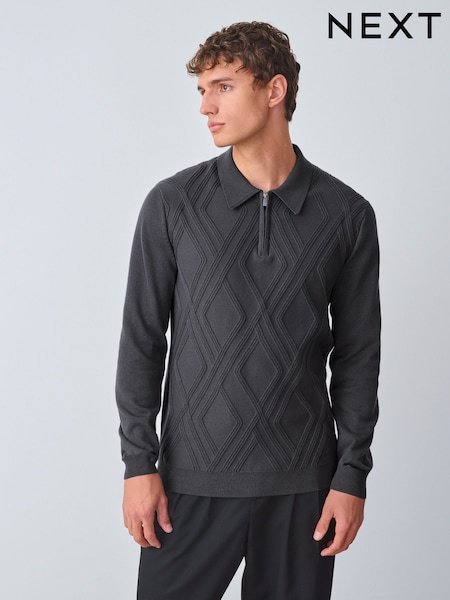 Charcoal Grey Regular Fit Cotton Rich Long Sleeve Textured Knit Quarter Zip Polo Shirt (F66556) | £35