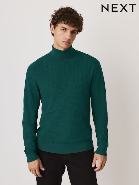 Teal Blue Slim Fit Herringbone Texture Roll Neck Jumper (F66578) | £38