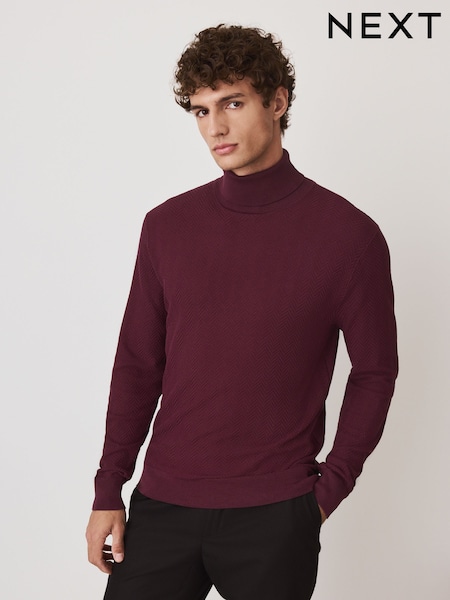 Burgundy Red Slim Fit Herringbone Texture Roll Neck Jumper (F66581) | £38