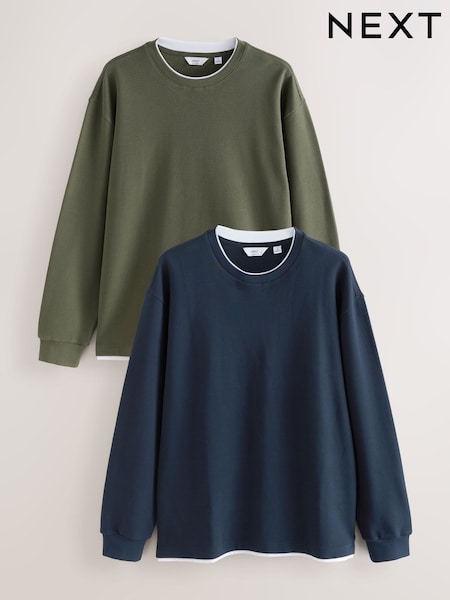 Navy Blue/Khaki Green Long Sleeve Mock Crew Neck 100% Cotton T-Shirts 2 Pack (F66669) | £44