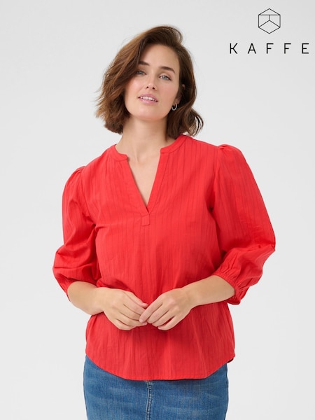 Kaffe Red KAjollia Notch Neck 3/4 Sleeves 100% Cotton Blouse (F66670) | £40